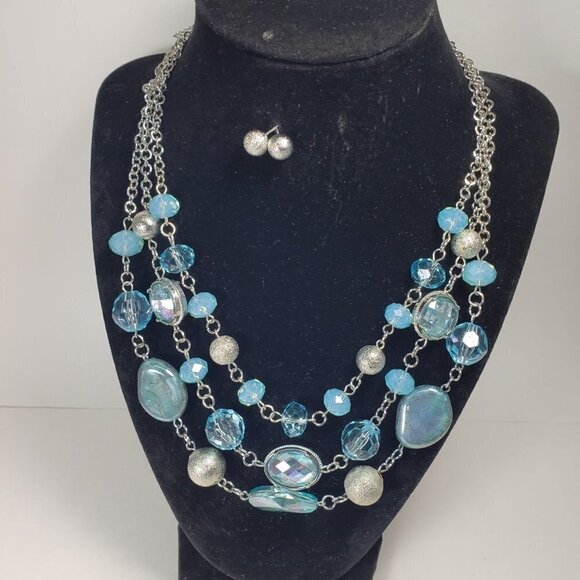 Silver-tone Multi layers Crystal and Beads Necklace With matching Stud Earrings - Picture 7 of 10